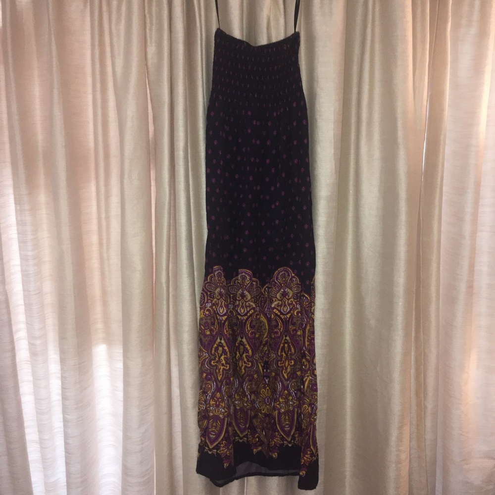 Purple Patterned Strapless Maxi Dress